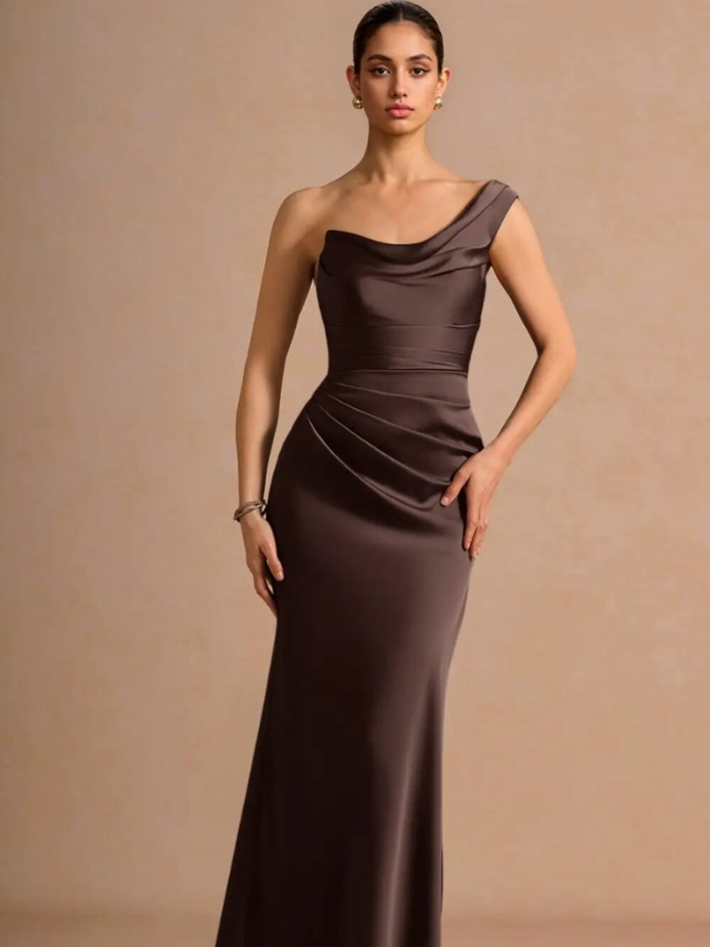 Azazie Cassiopeia Truffle Brown Satin One Shoulder Maxi Dress